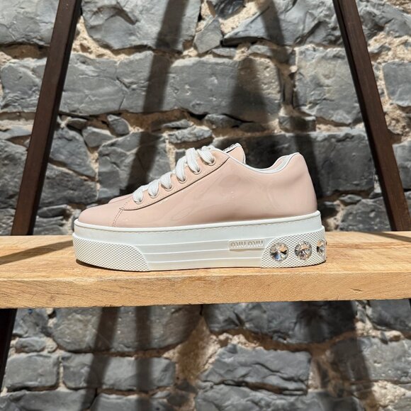Miu Miu Pink Patent Crystal Heel Platform Sneakers - Picture 4 of 12